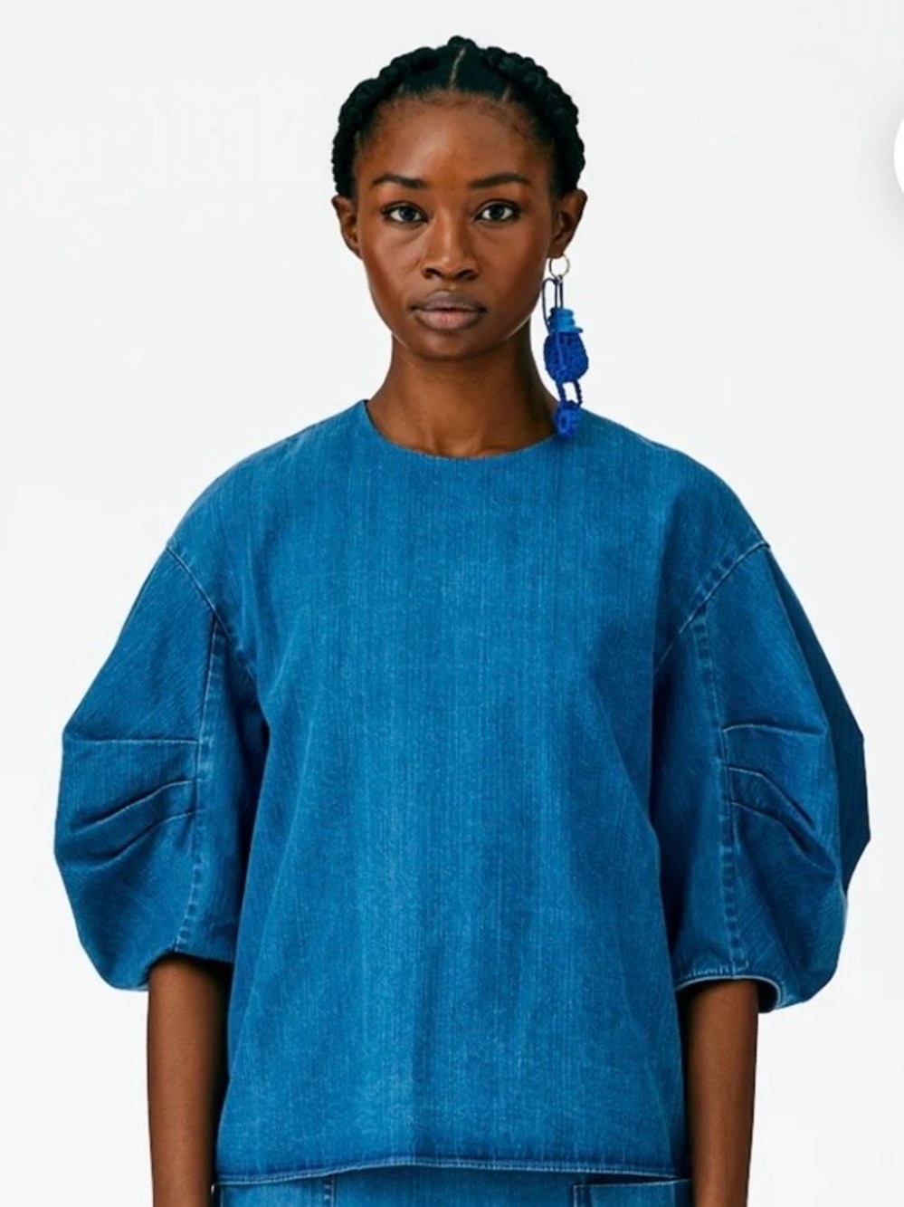 Lisa Bayne Dream Denim Top - Chic Comfy Relaxed Fit Pleated Sleeves Large NEW